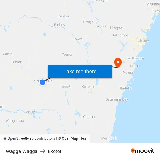 Wagga Wagga to Exeter map