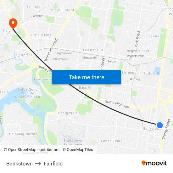 Bankstown to Fairfield map