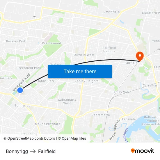 Bonnyrigg to Fairfield map