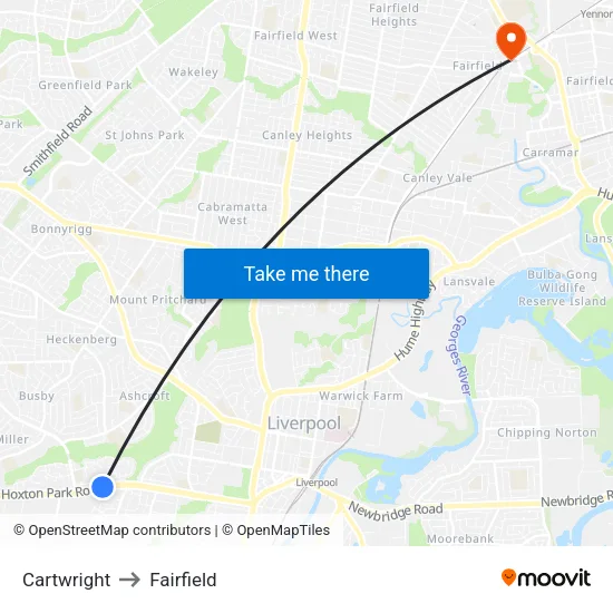 Cartwright to Fairfield map