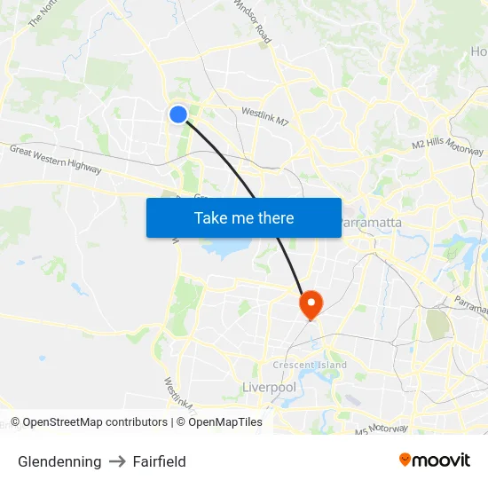 Glendenning to Fairfield map