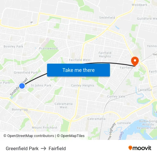 Greenfield Park to Fairfield map
