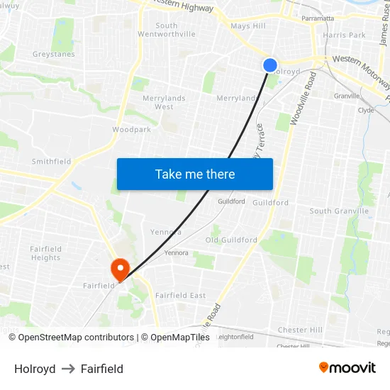 Holroyd to Fairfield map