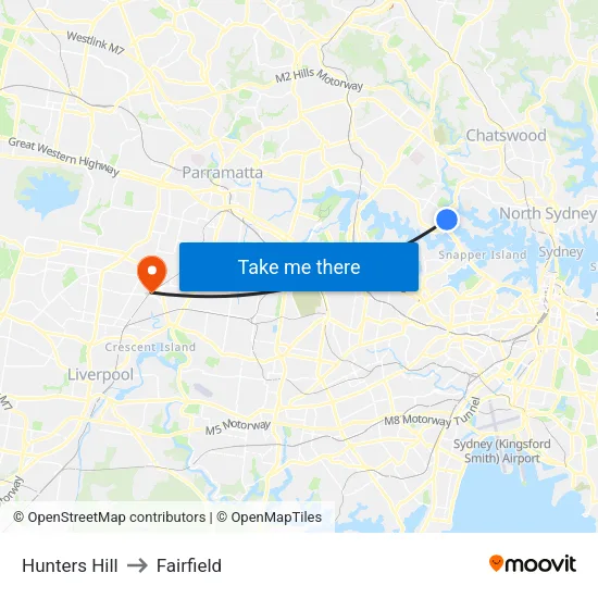 Hunters Hill to Fairfield map