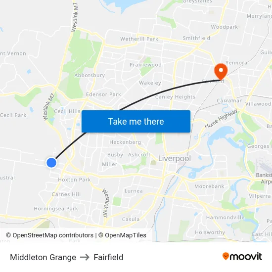 Middleton Grange to Fairfield map