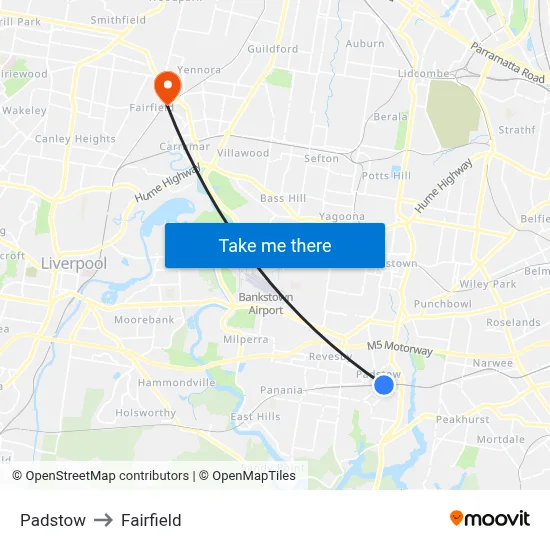 Padstow to Fairfield map