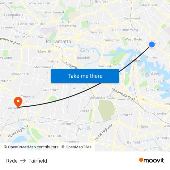 Ryde to Fairfield map