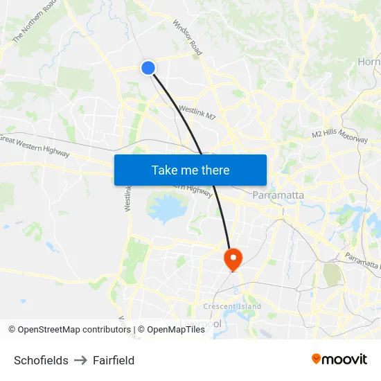 Schofields to Fairfield map