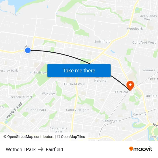 Wetherill Park to Fairfield map
