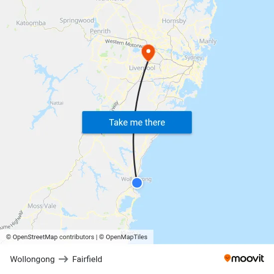 Wollongong to Fairfield map
