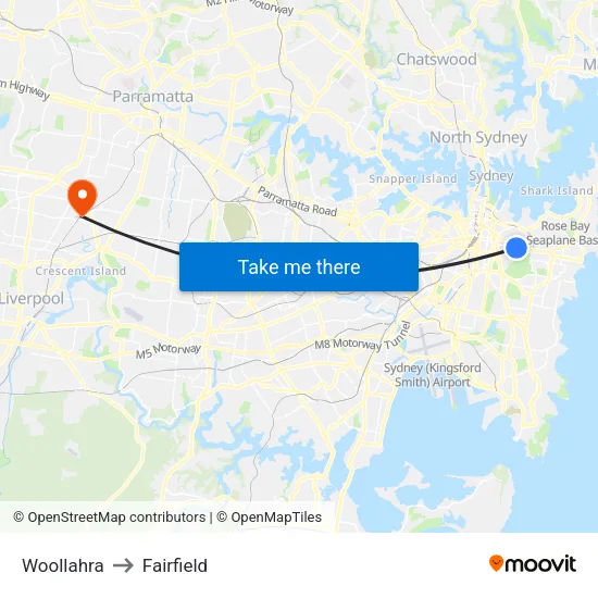 Woollahra to Fairfield map