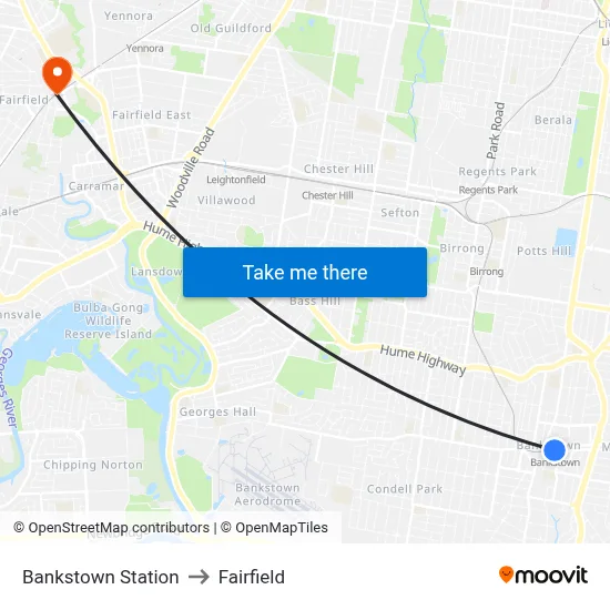 Bankstown Station to Fairfield map