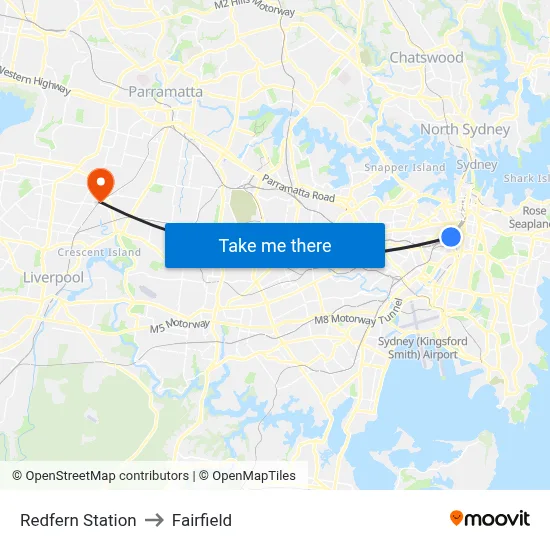 Redfern Station to Fairfield map