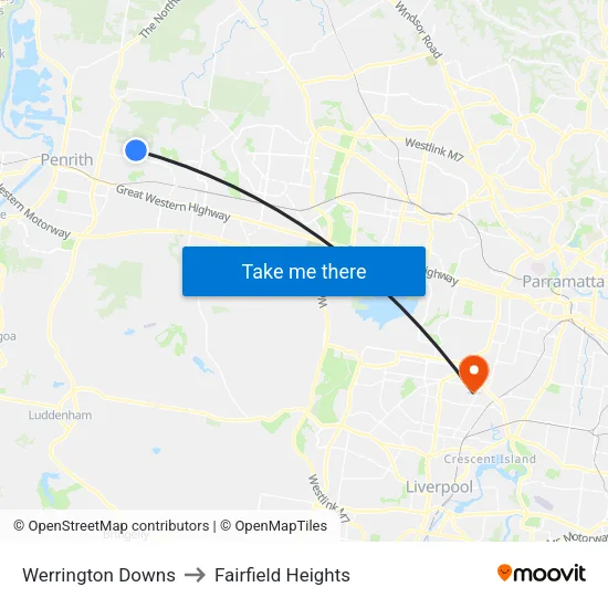 Werrington Downs to Fairfield Heights map