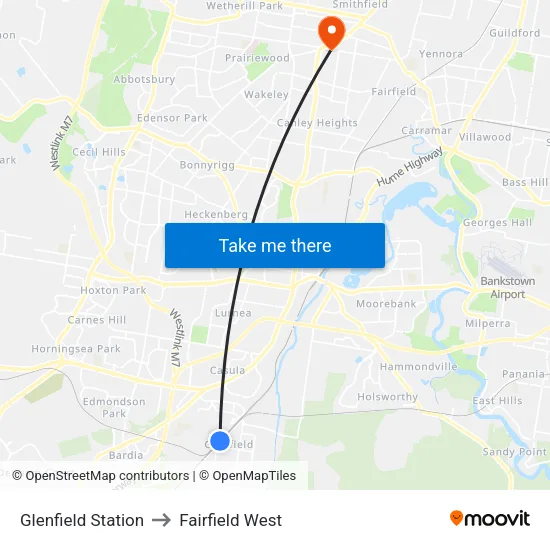 Glenfield Station to Fairfield West map