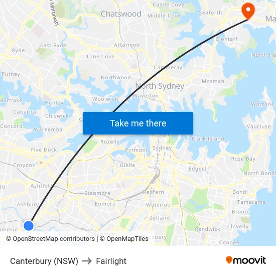 Canterbury (NSW) to Fairlight map