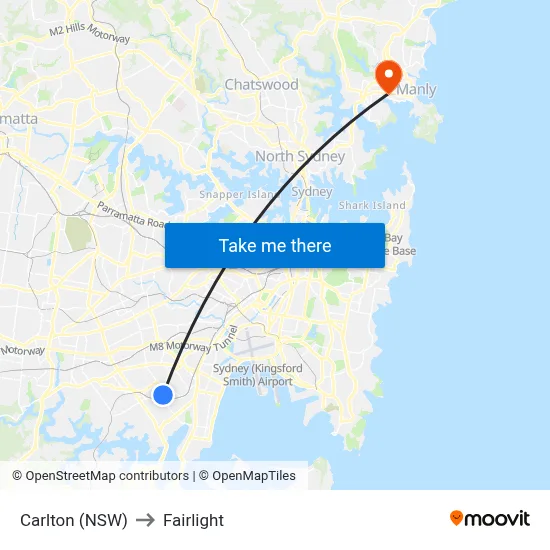 Carlton (NSW) to Fairlight map