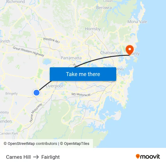 Carnes Hill to Fairlight map