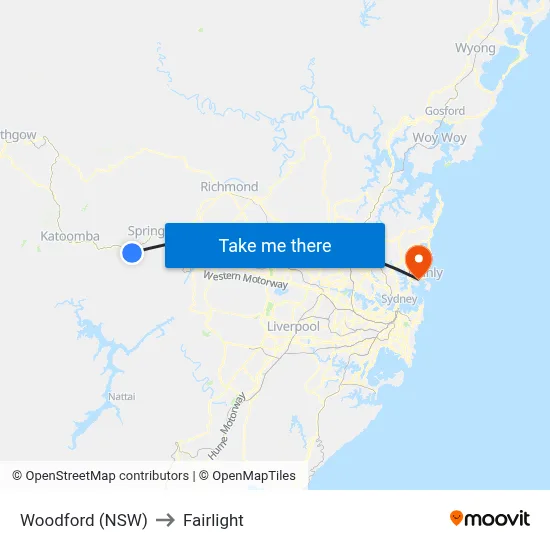Woodford (NSW) to Fairlight map
