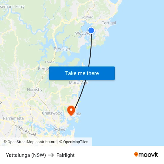 Yattalunga (NSW) to Fairlight map