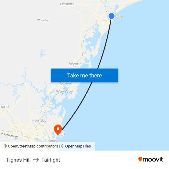 Tighes Hill to Fairlight map