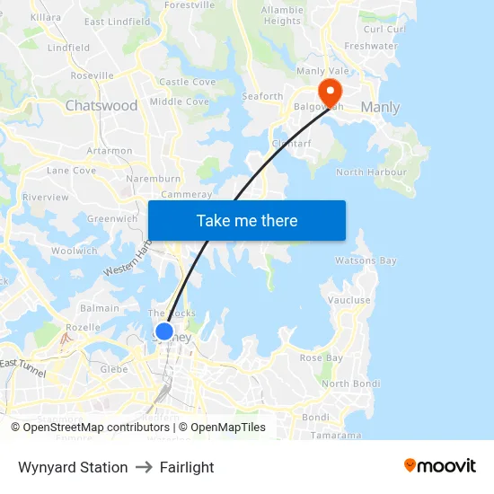Wynyard Station to Fairlight map