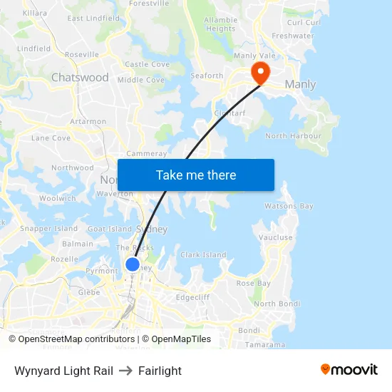Wynyard Light Rail to Fairlight map
