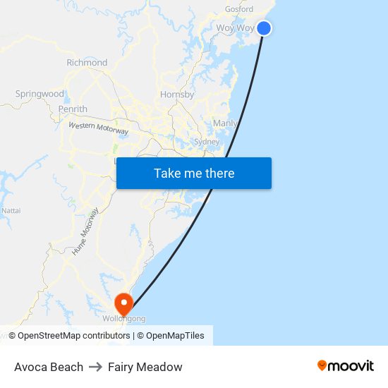 Avoca Beach to Fairy Meadow map