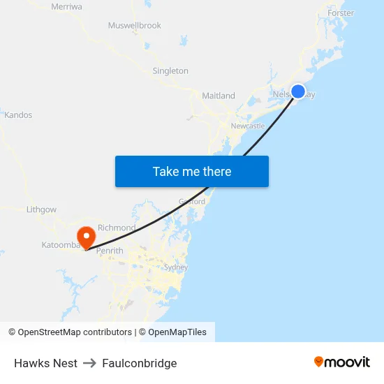 Hawks Nest to Faulconbridge map
