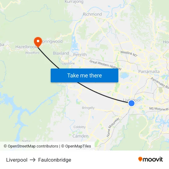 Liverpool to Faulconbridge map