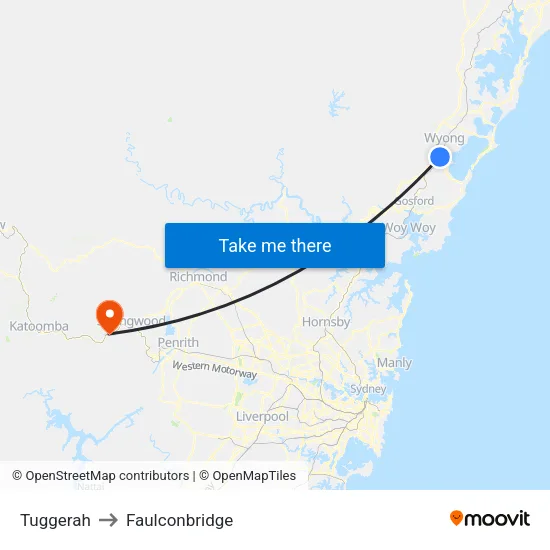 Tuggerah to Faulconbridge map