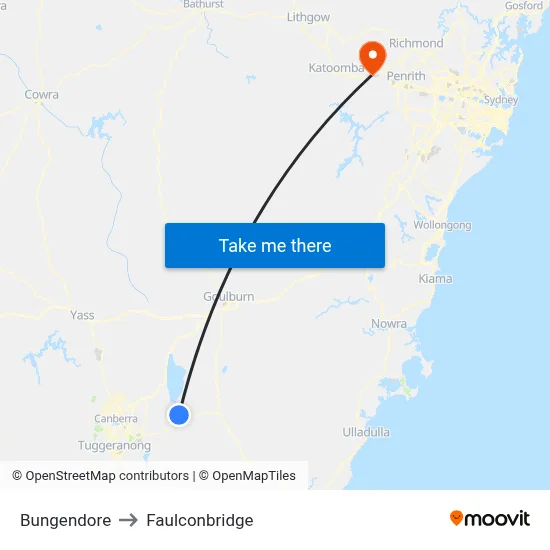 Bungendore to Faulconbridge map