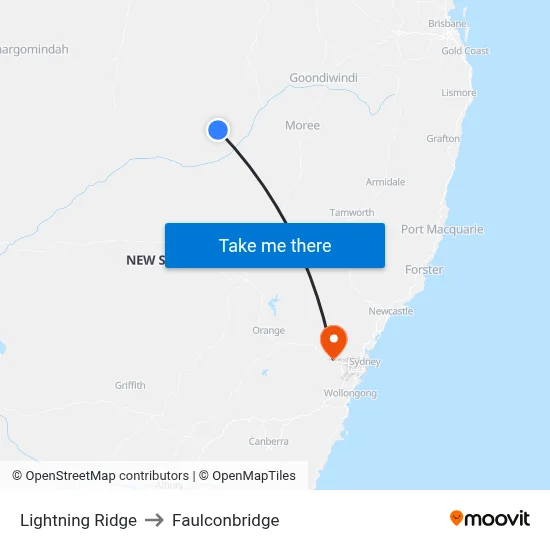 Lightning Ridge to Faulconbridge map