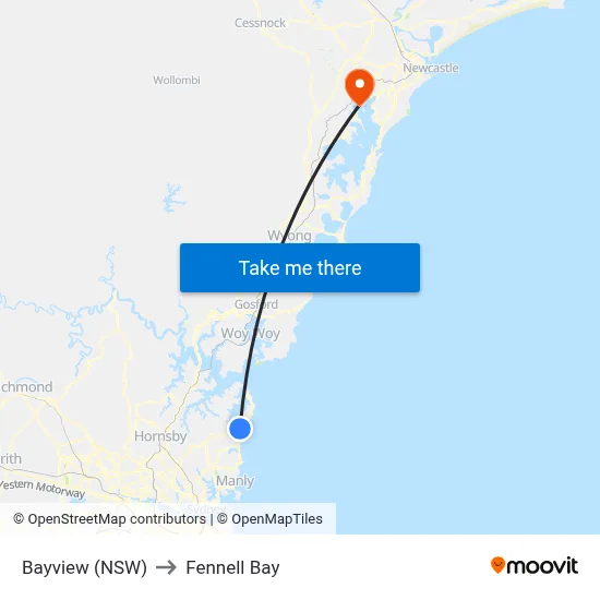 Bayview (NSW) to Fennell Bay map