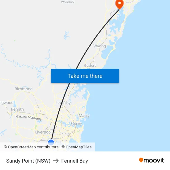 Sandy Point (NSW) to Fennell Bay map