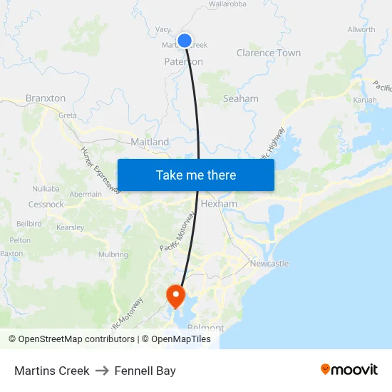 Martins Creek to Fennell Bay map