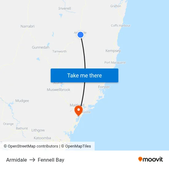 Armidale to Fennell Bay map