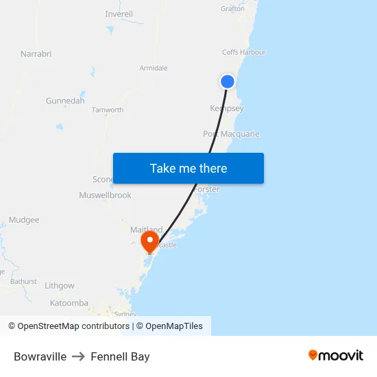 Bowraville to Fennell Bay map