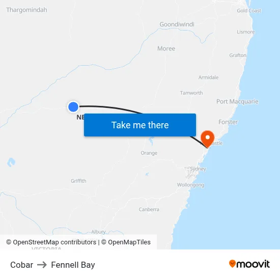 Cobar to Fennell Bay map