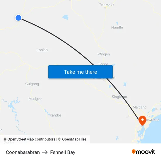 Coonabarabran to Fennell Bay map