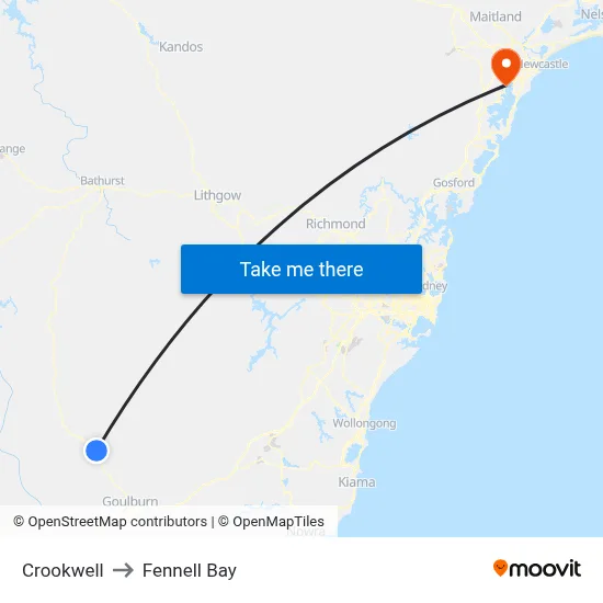 Crookwell to Fennell Bay map