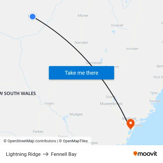 Lightning Ridge to Fennell Bay map