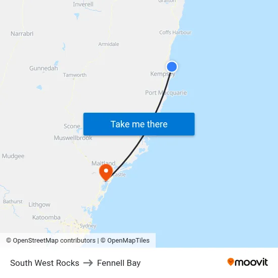 South West Rocks to Fennell Bay map