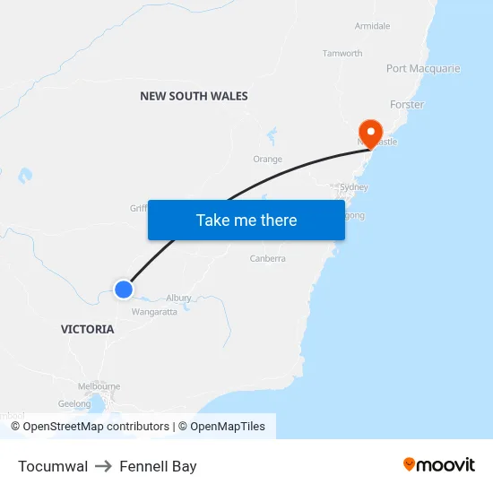 Tocumwal to Fennell Bay map