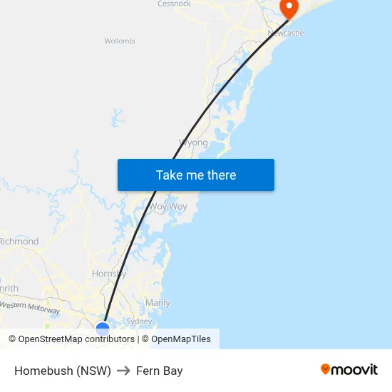 Homebush (NSW) to Fern Bay map