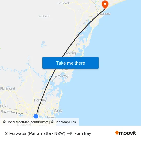Silverwater (Parramatta - NSW) to Fern Bay map