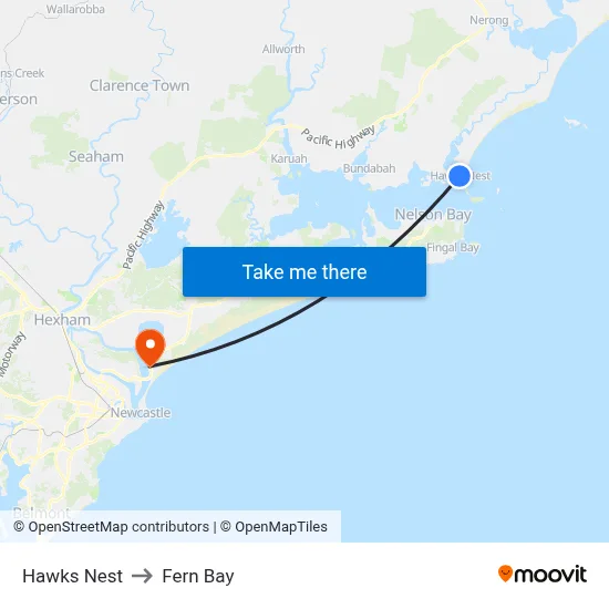 Hawks Nest to Fern Bay map