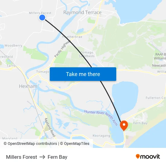 Millers Forest to Fern Bay map