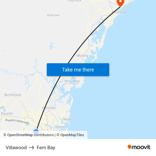 Villawood to Fern Bay map