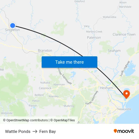 Wattle Ponds to Fern Bay map